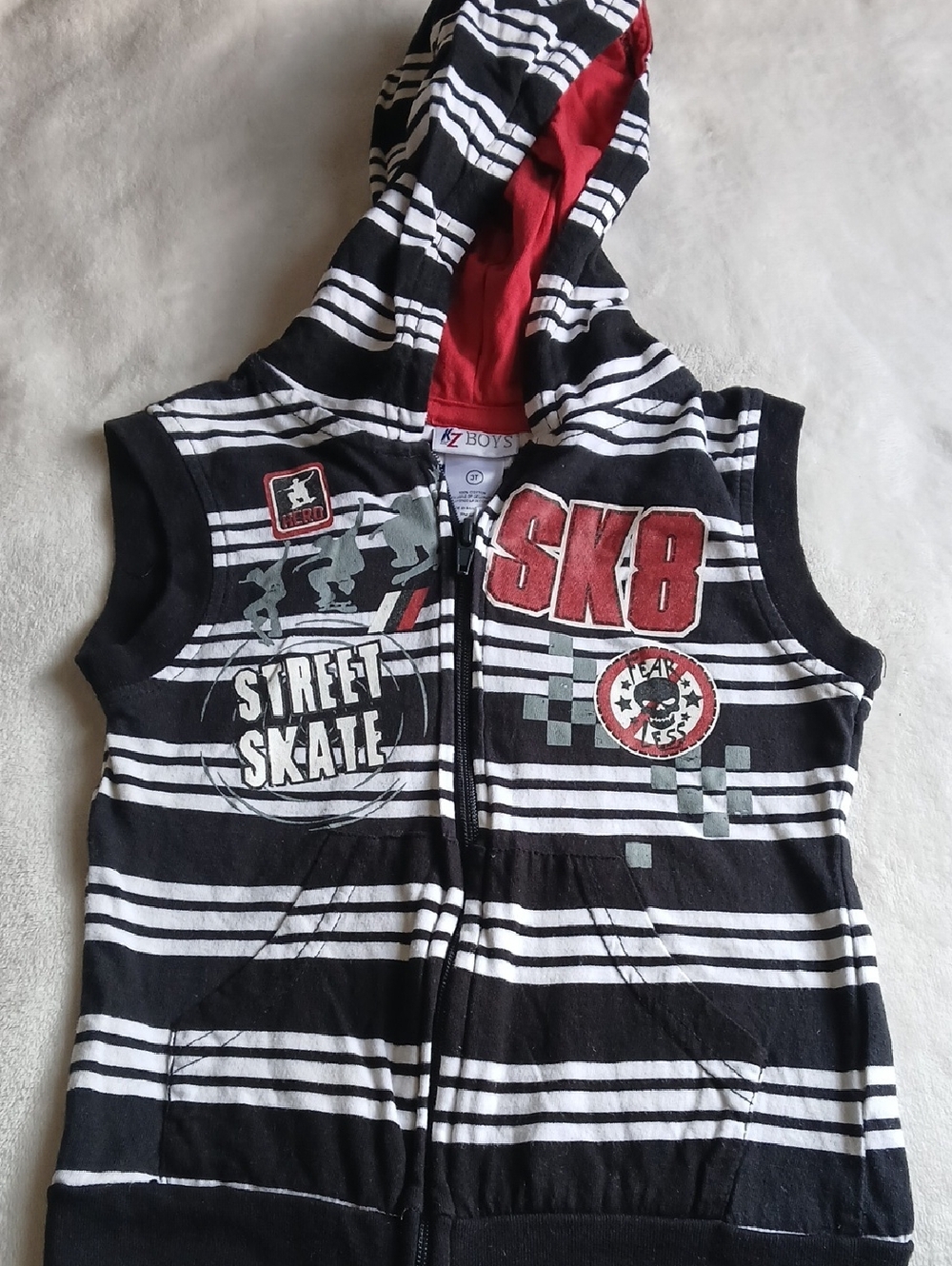 Boys Black & White Striped Hooded Zip Vest with Red Hood Lining